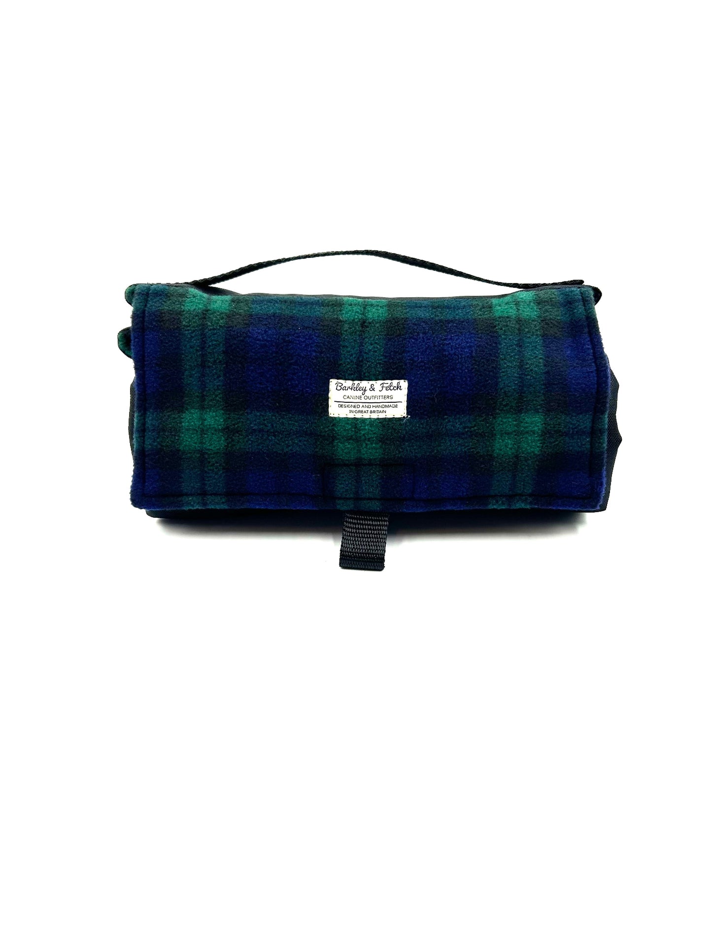 Beautiful handmade rolled up settle mat for dogs in blue and green tartan fleece fabric