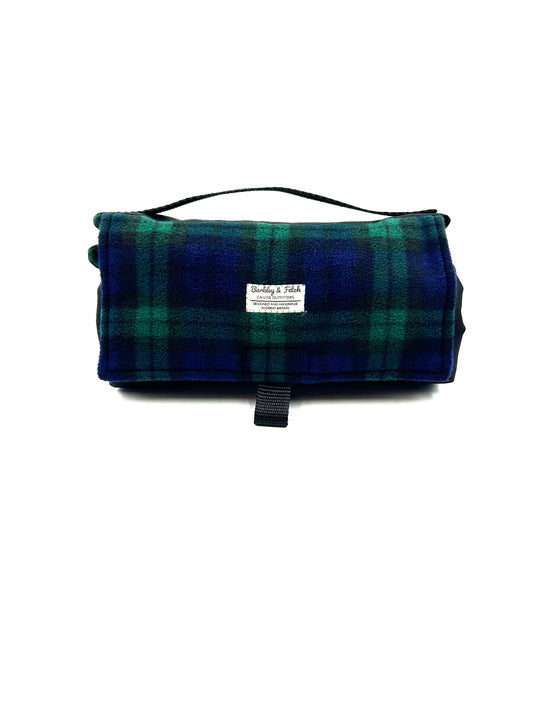 Beautiful handmade rolled up settle mat for dogs in blue and green tartan fleece fabric
