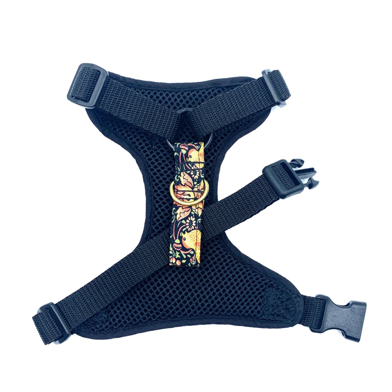  dog harness with a colorful William morris design on a white background handmade by Barkley and fetch UK