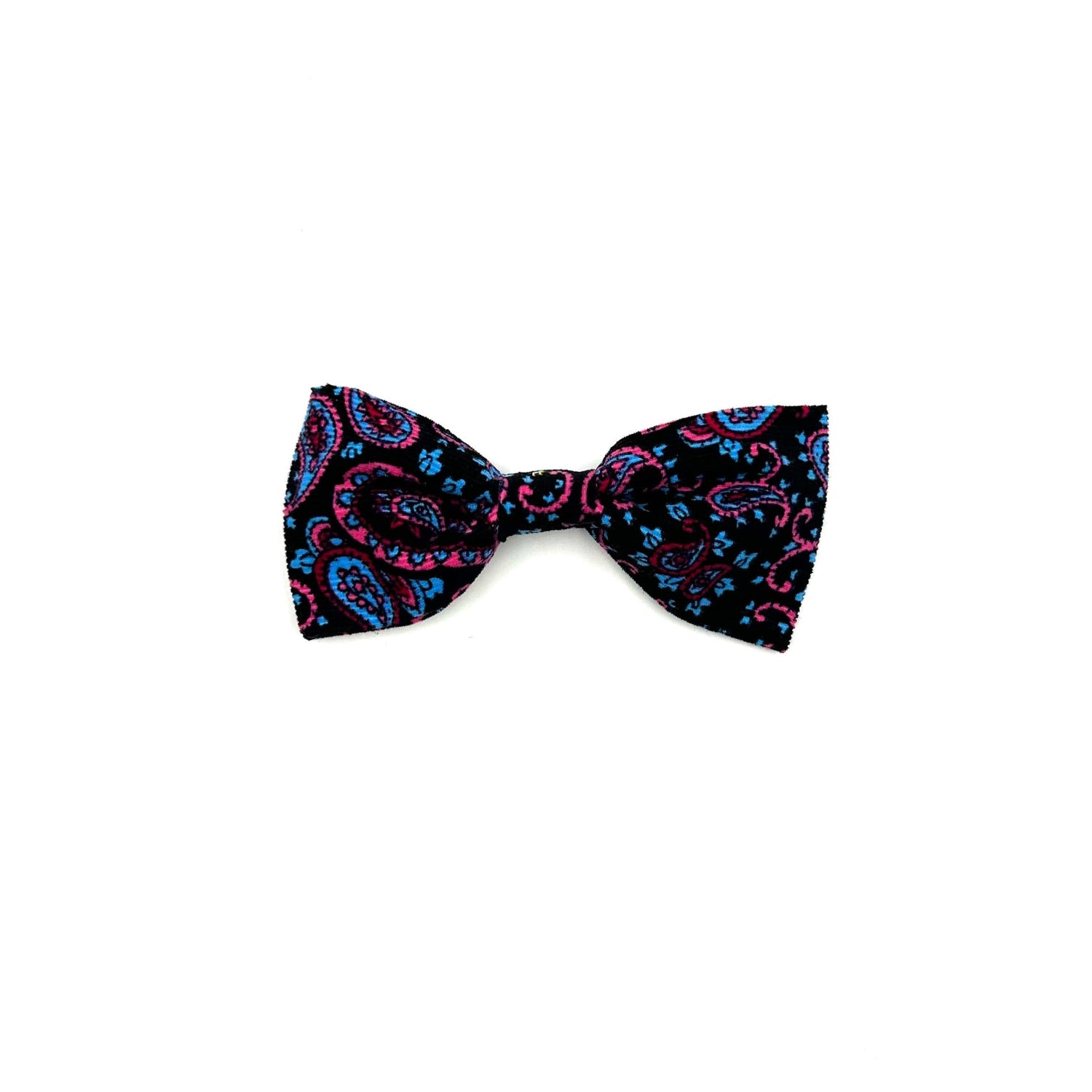 Beautifully made blue, pink and black paisley corduroy dog bowtie with elastic loops at the back to thread through a collar