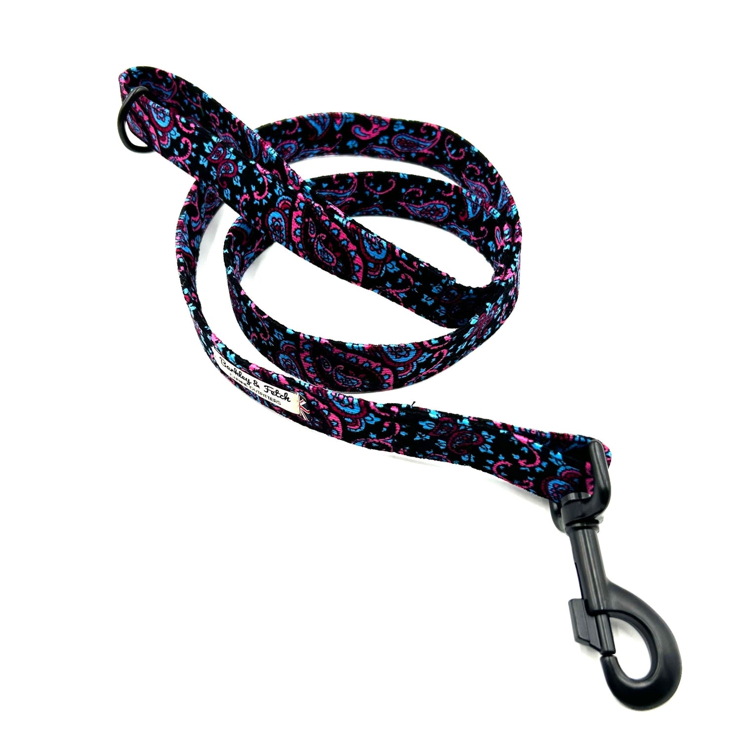 Beautiful handmade blue, pink and black paisley corduroy dog lead