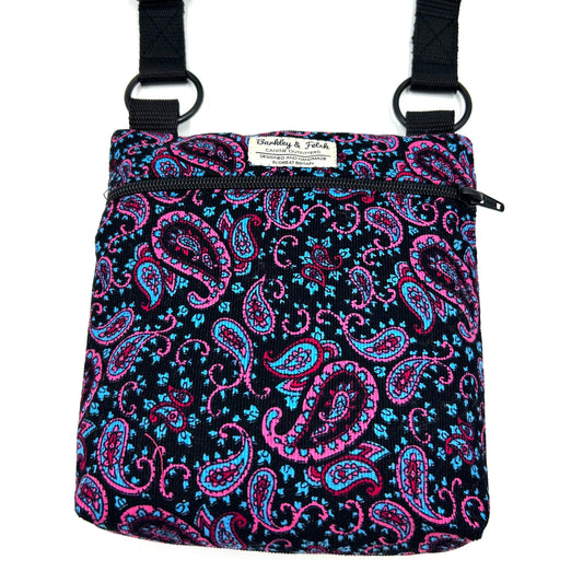 Beautiful handmade blue paisley corduroy shoulder bag for dog walking