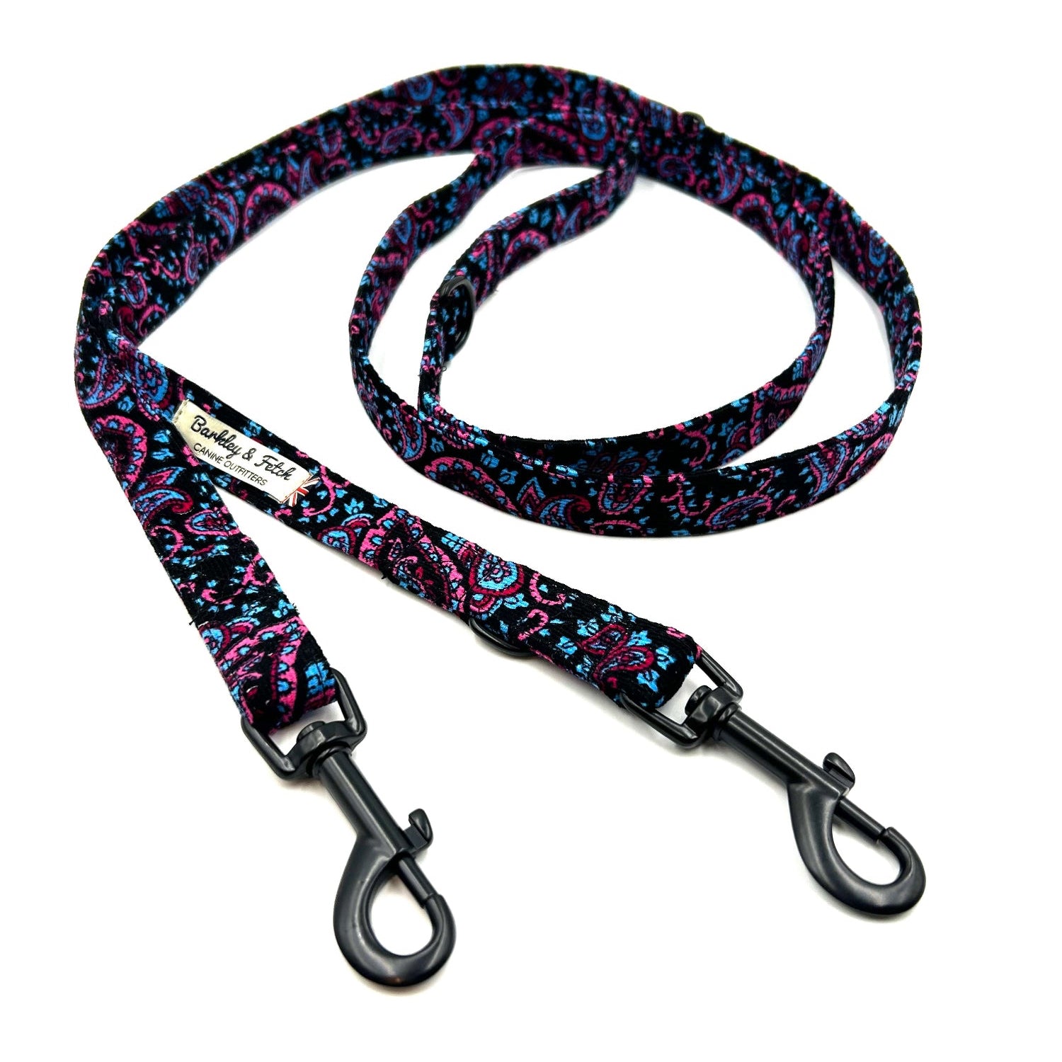 Luxury blue black and pink paisley corduroy double ended dog training lead