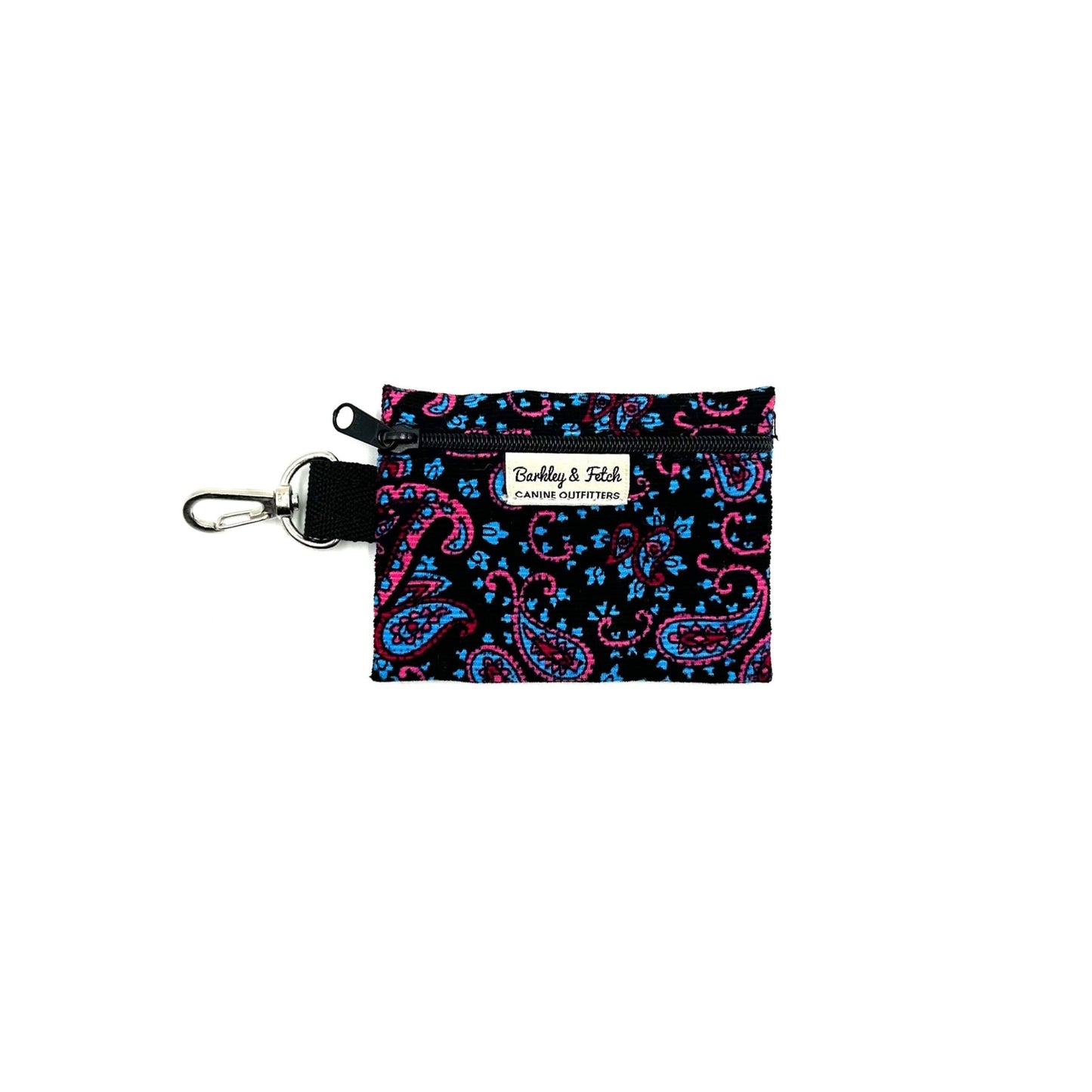 Beautifully made blue, pink and black paisley corduroy poo bag holder with attachable clip