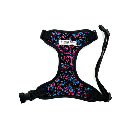Beautifully made blue, black and pink paisley print corduroy dog soft harness with black trims
