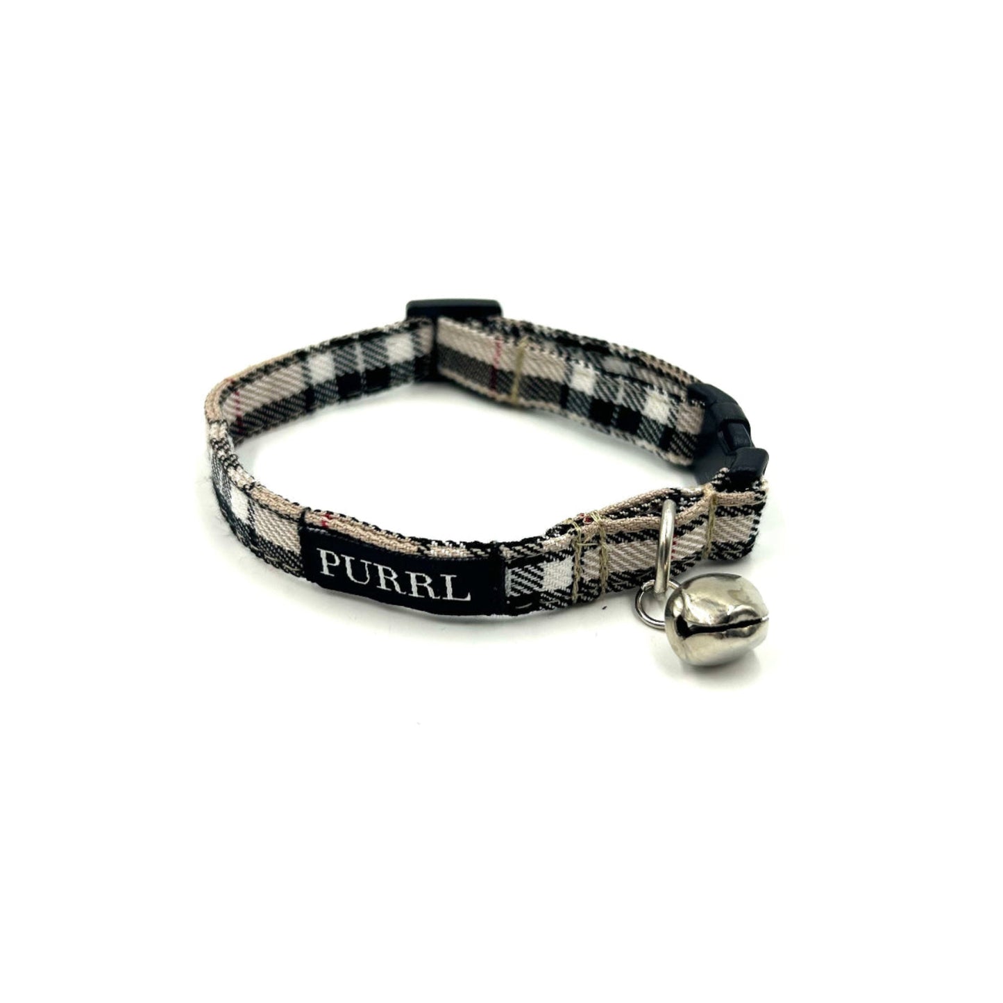 Handmade caramel tartan cat collar with bell, a bandana and bowtie