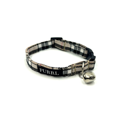 Handmade caramel tartan cat collar with bell, a bandana and bowtie