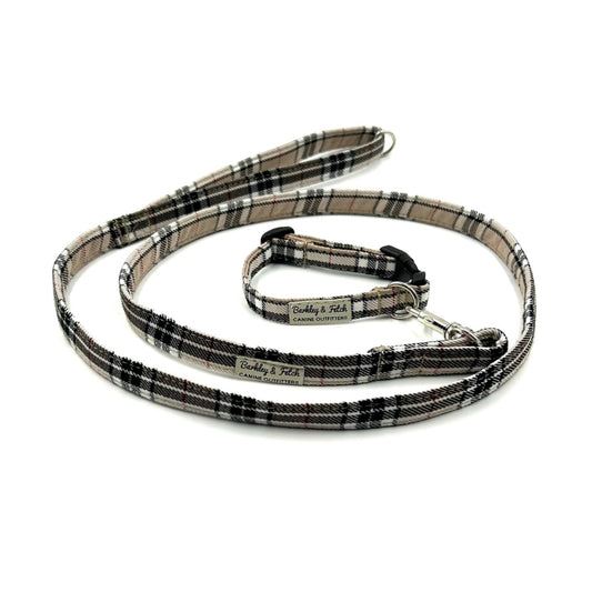 Cute caramel beige tartan puppy collar and lead set