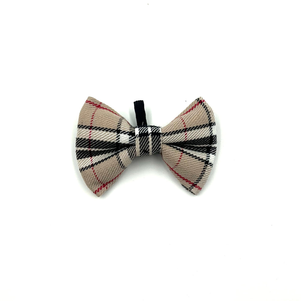 A caramel tartan patterned cat bow tie handmade by Barkley And Fetch