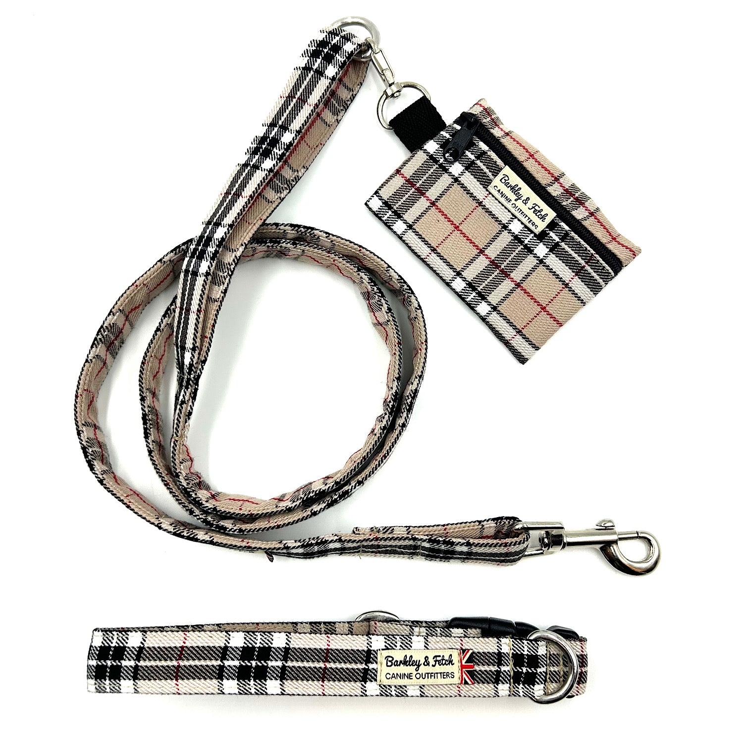 handmade Caramel tartan dog accessories including lead, collar and poo bag on a white background