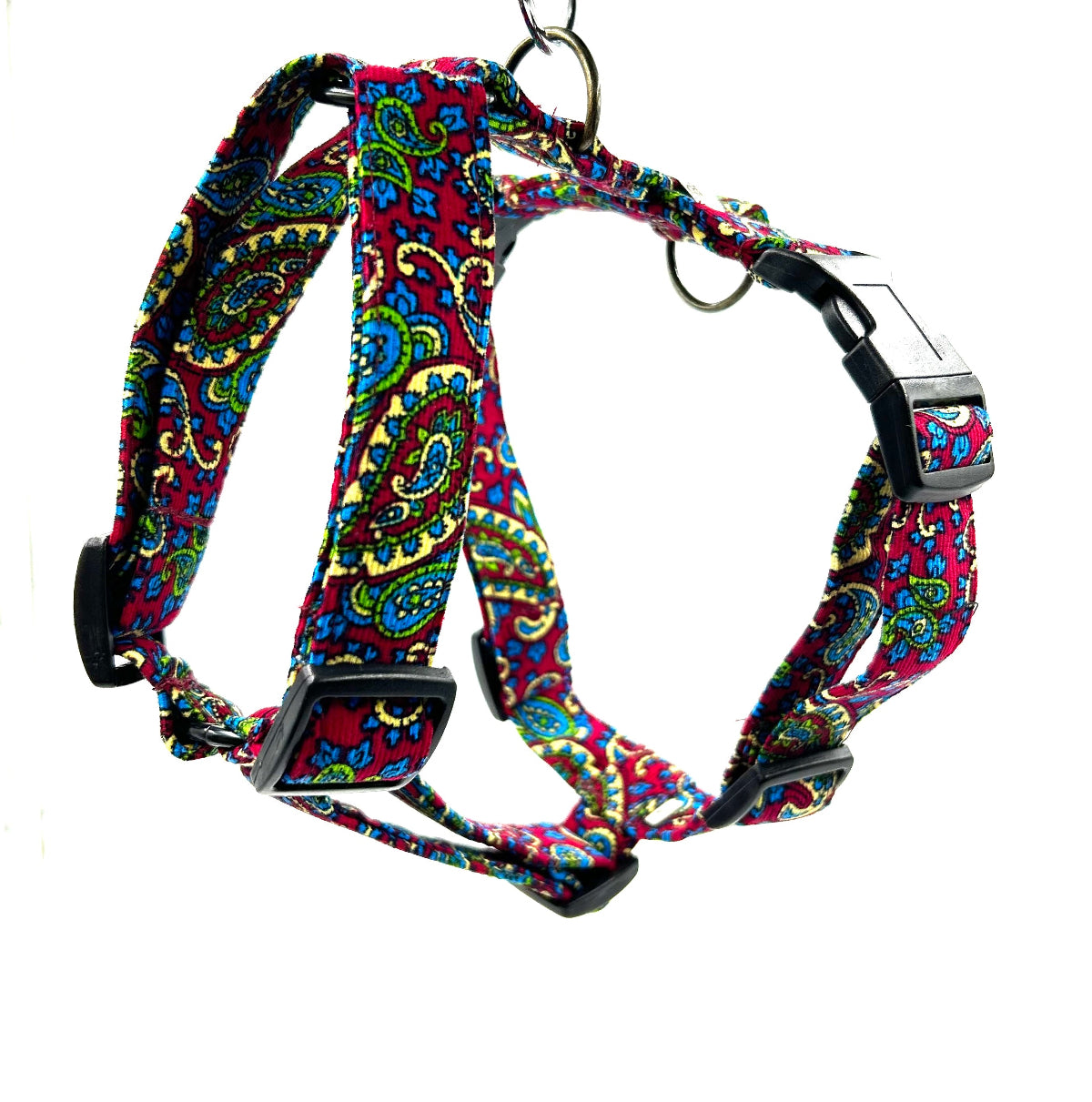 Cherry Paisley corduroy Strap dog Harness side view handing
