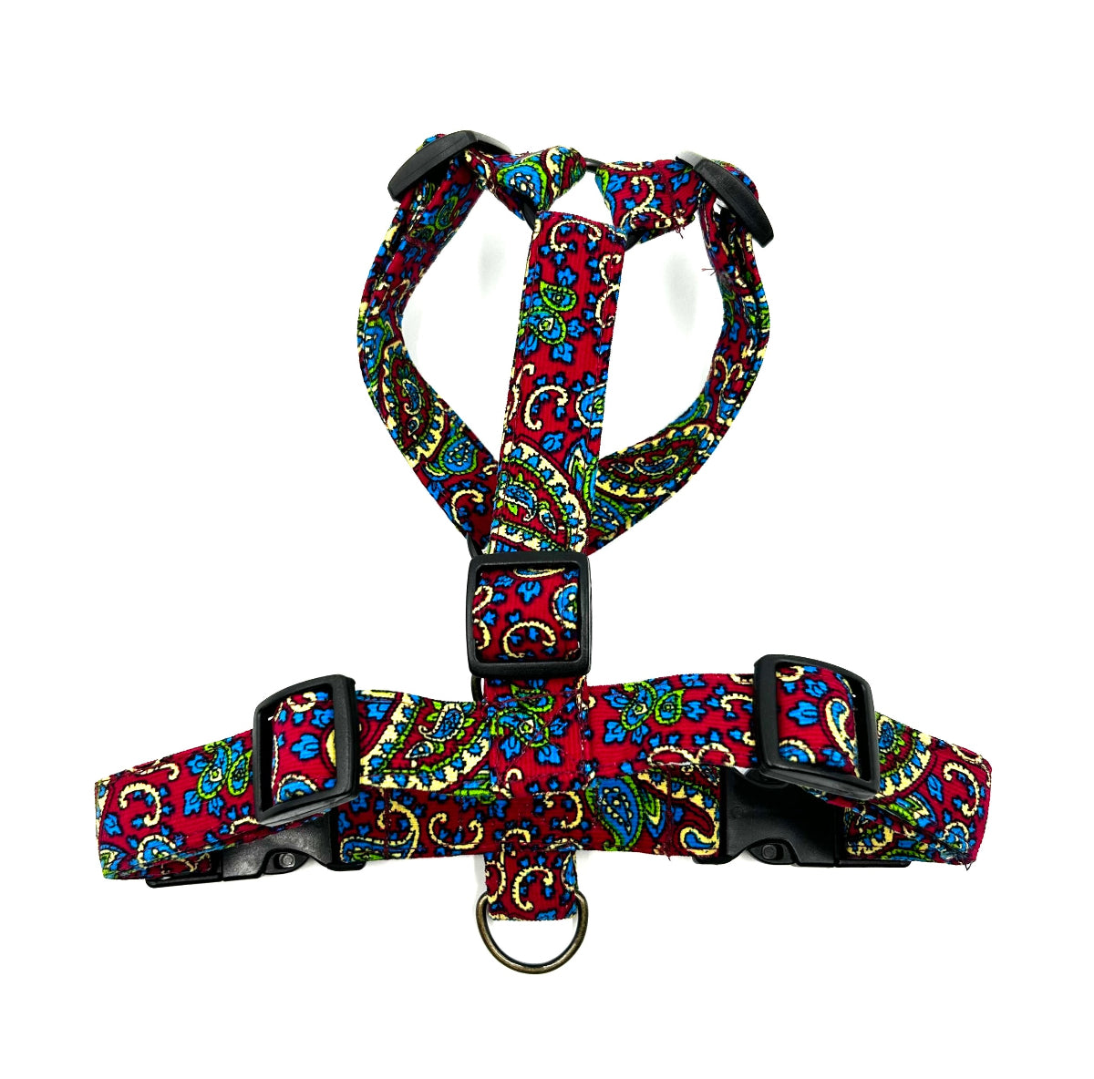 Cherry Paisley corduroy Strap dog Harness underneath section on a white background