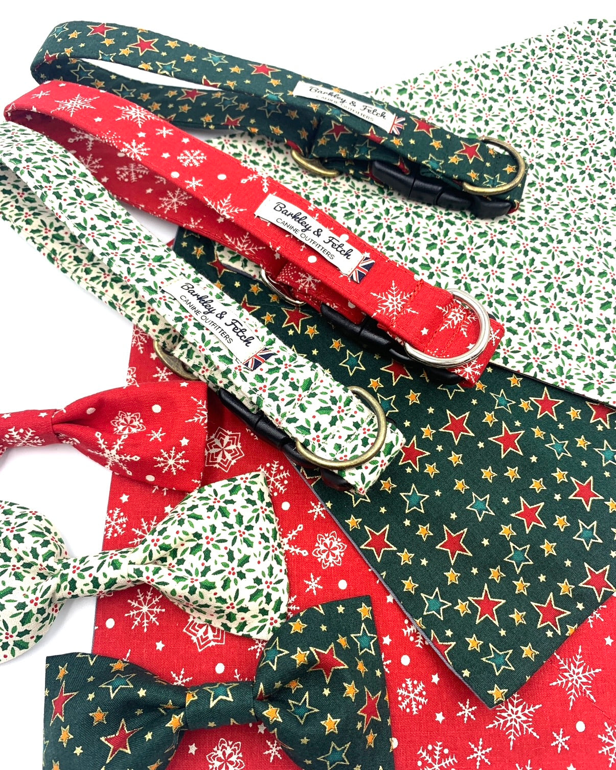 Collection of dog collars and bandanas with Christmas patterns on a white background All handmade in the UK by Barkley and Fetch