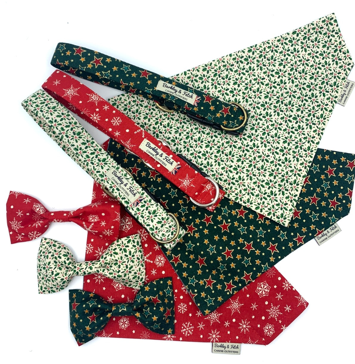 Collection of festive dog collars and bows with Christmas patterns on a white background. All handmade in the UK by Barkley and Fetch