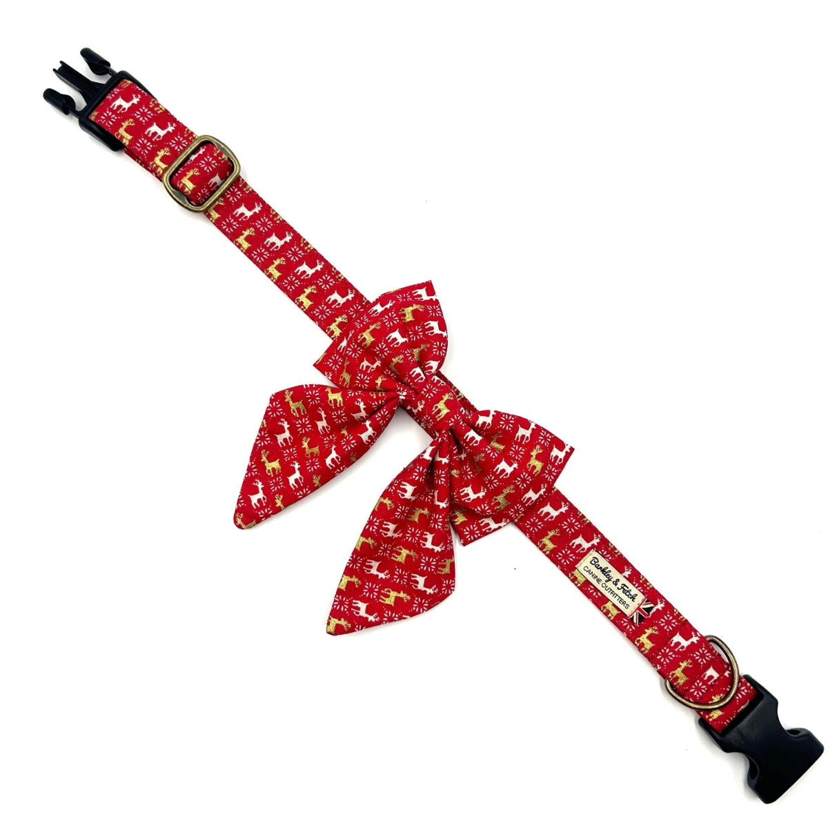 Red patterned bow tie and dog collar on a white background handmade in uk by Barkley and Fetch