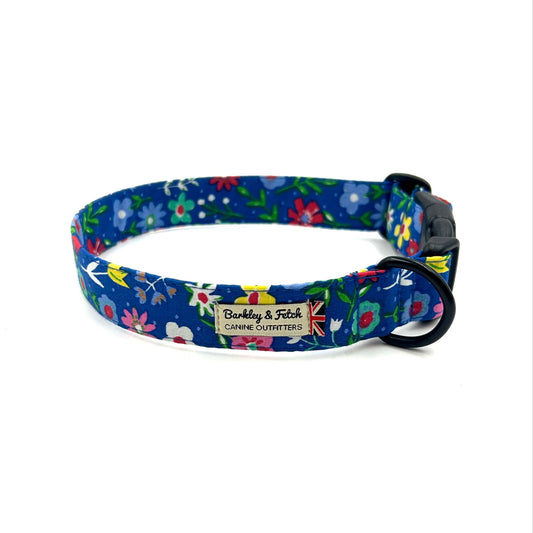 Beautifully made cobalt blue floral print dog collar