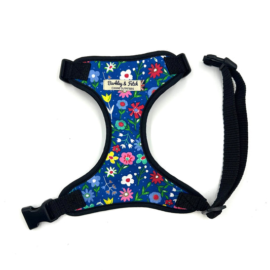 Beautifully made cobalt blue floral print soft harness with black trims