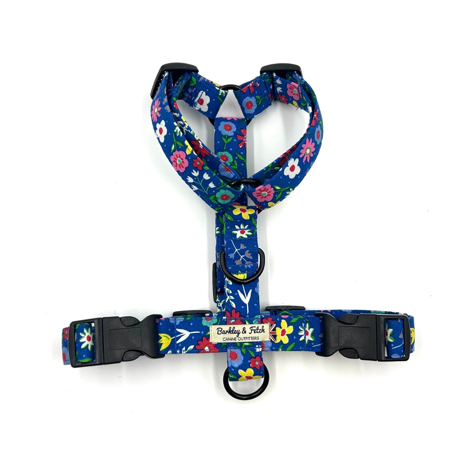 Beautiful handmade cobalt blue floral print strap harness for dogs