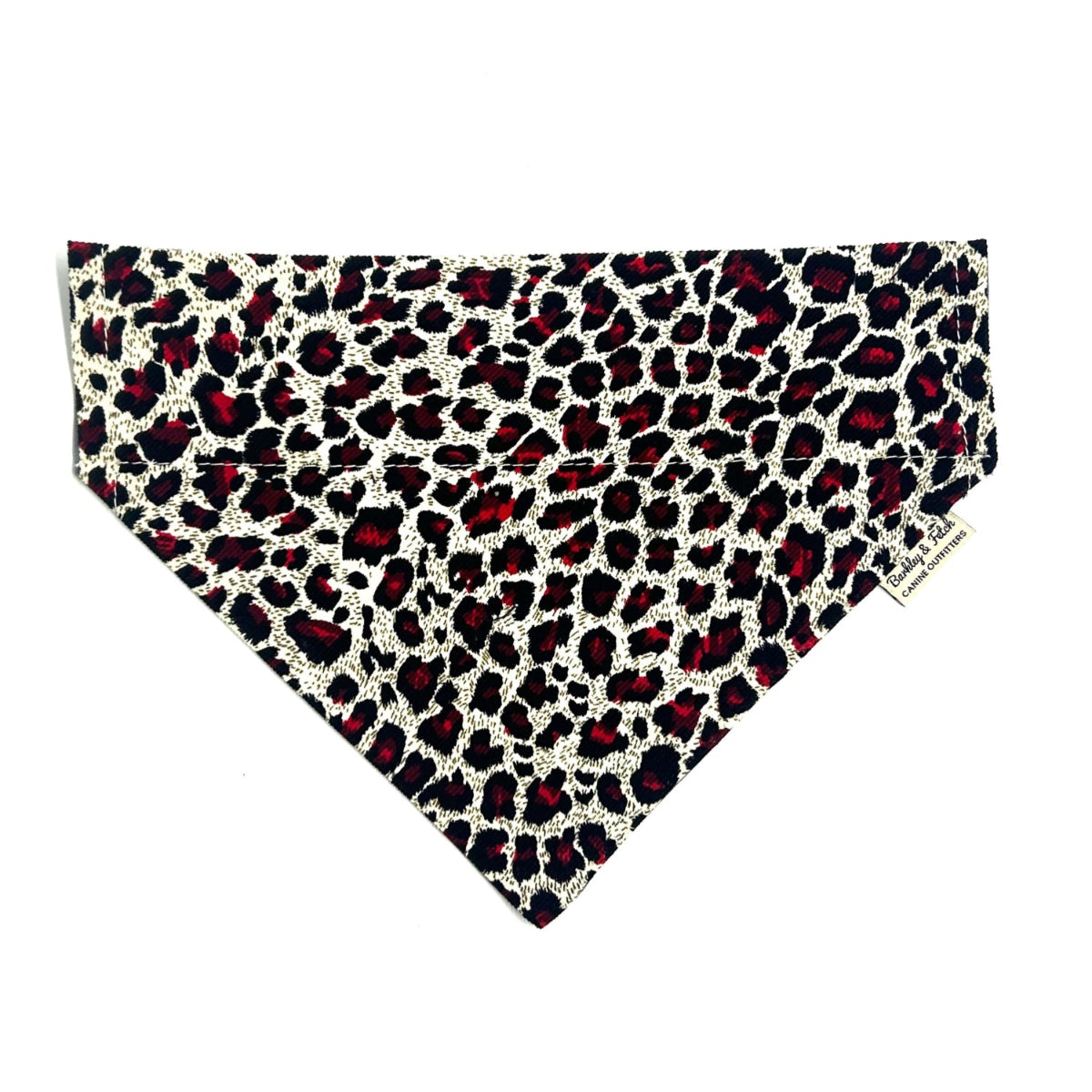 Handmade red white and black corduroy leopard print dog bandana that can thread through a collar