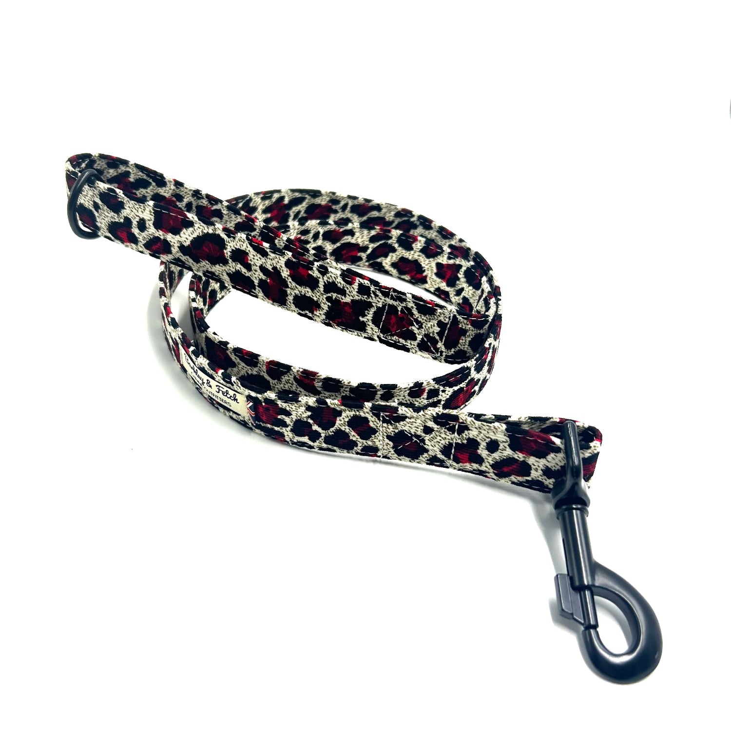 Luxury red white and black corduroy leopard print dog lead
