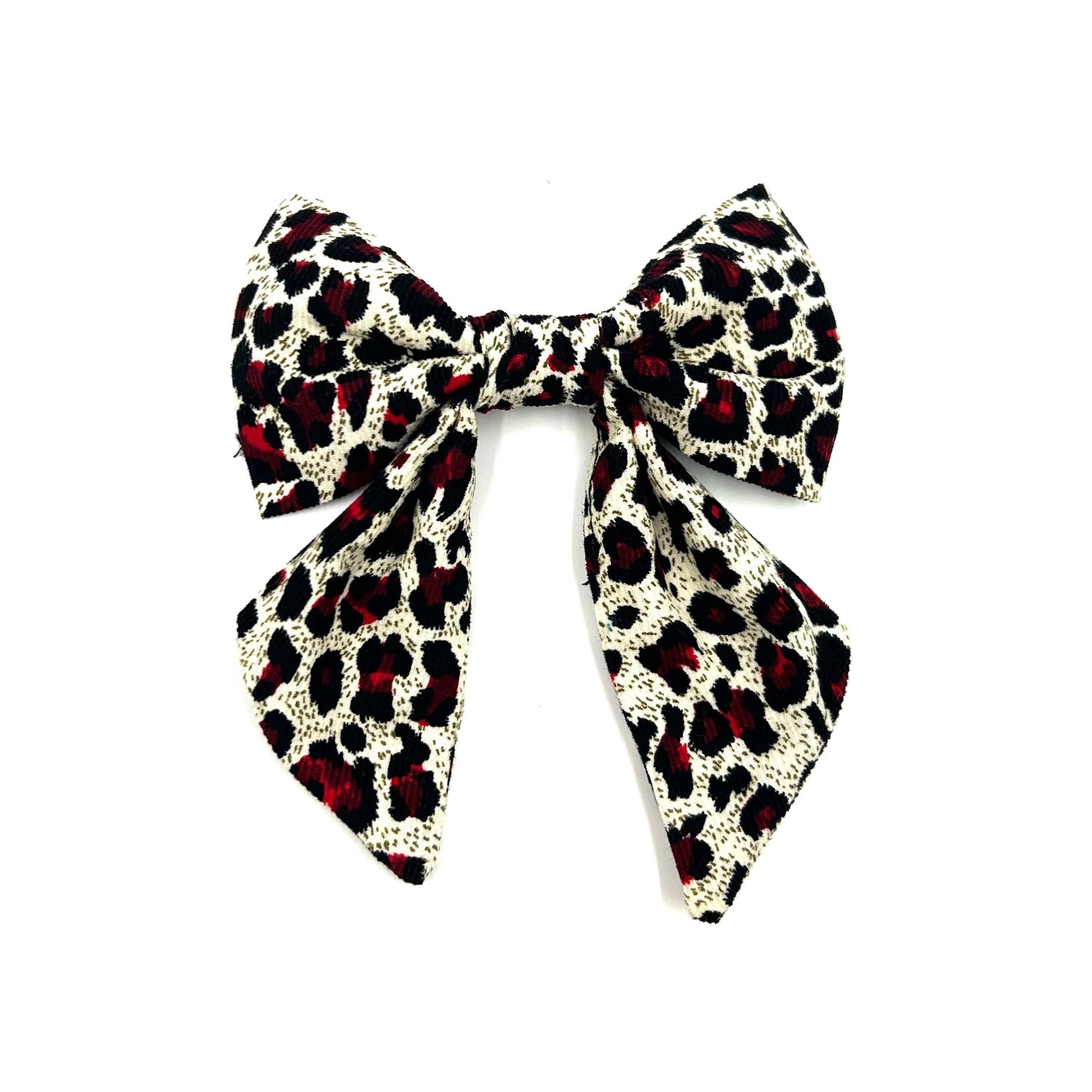 Luxury sailor bow in red leopard print corduroy fabric made to attach to a dog collar