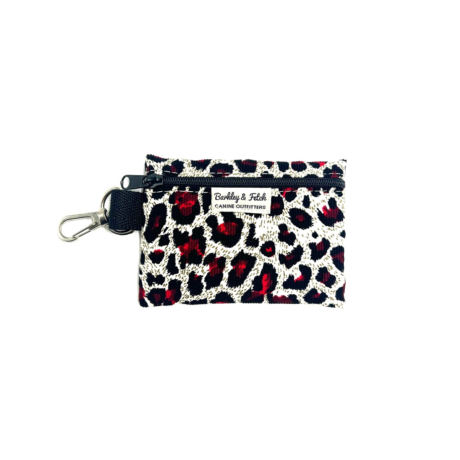 Stylish red white and black corduroy leopard print poo bag holder with attachable clip