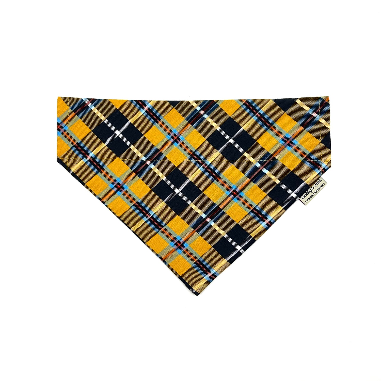 Beautifully made yellow Cornish tartan dog bandana that can thread through a collar