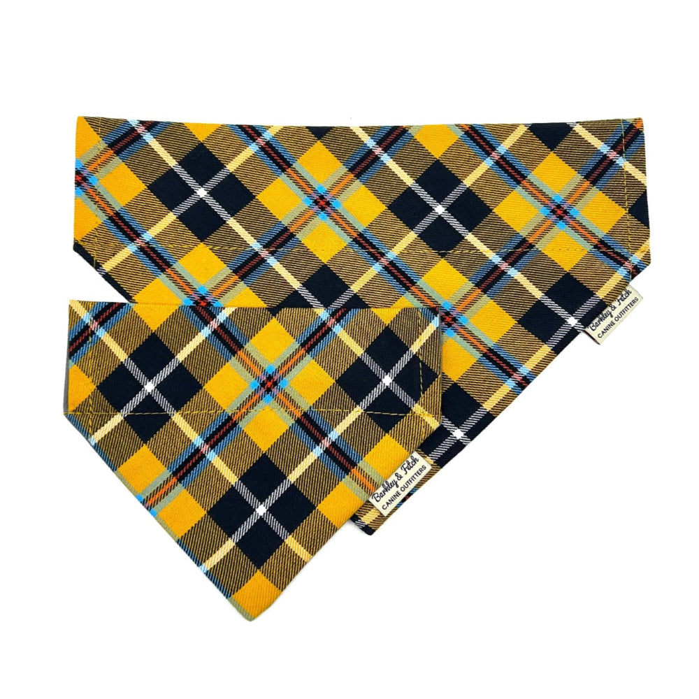 Plaid patterned bandana with visible brand name on a white background