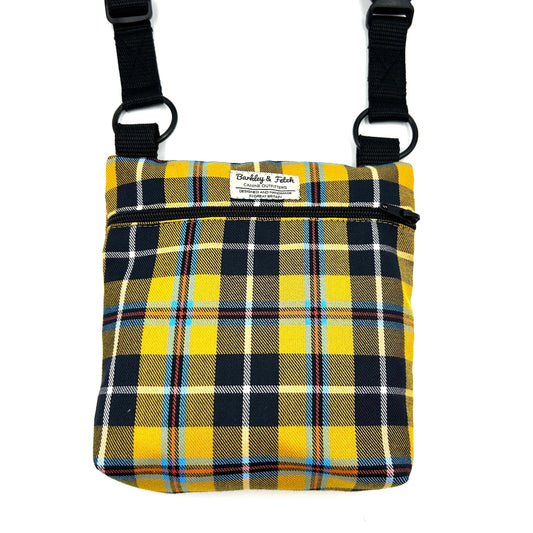 Handmade yellow Cornish tartan shoulder bag for dog walking 