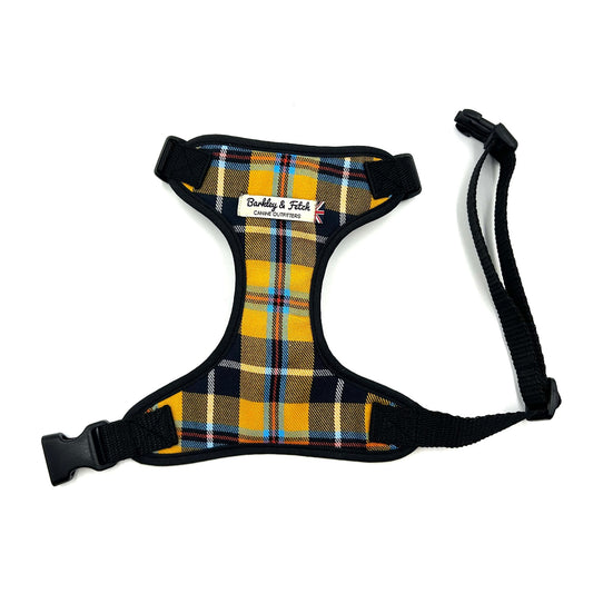 Handmade yellow Cornish tartan soft harness with black trims for dogs