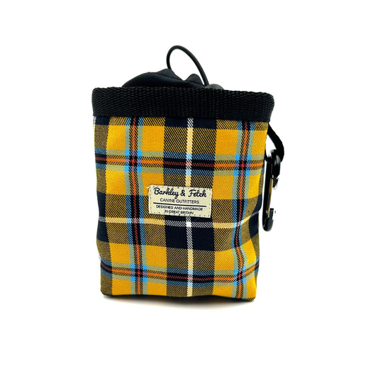 Stylish yellow Cornish tartan treat bag with drawstring and attachable clip