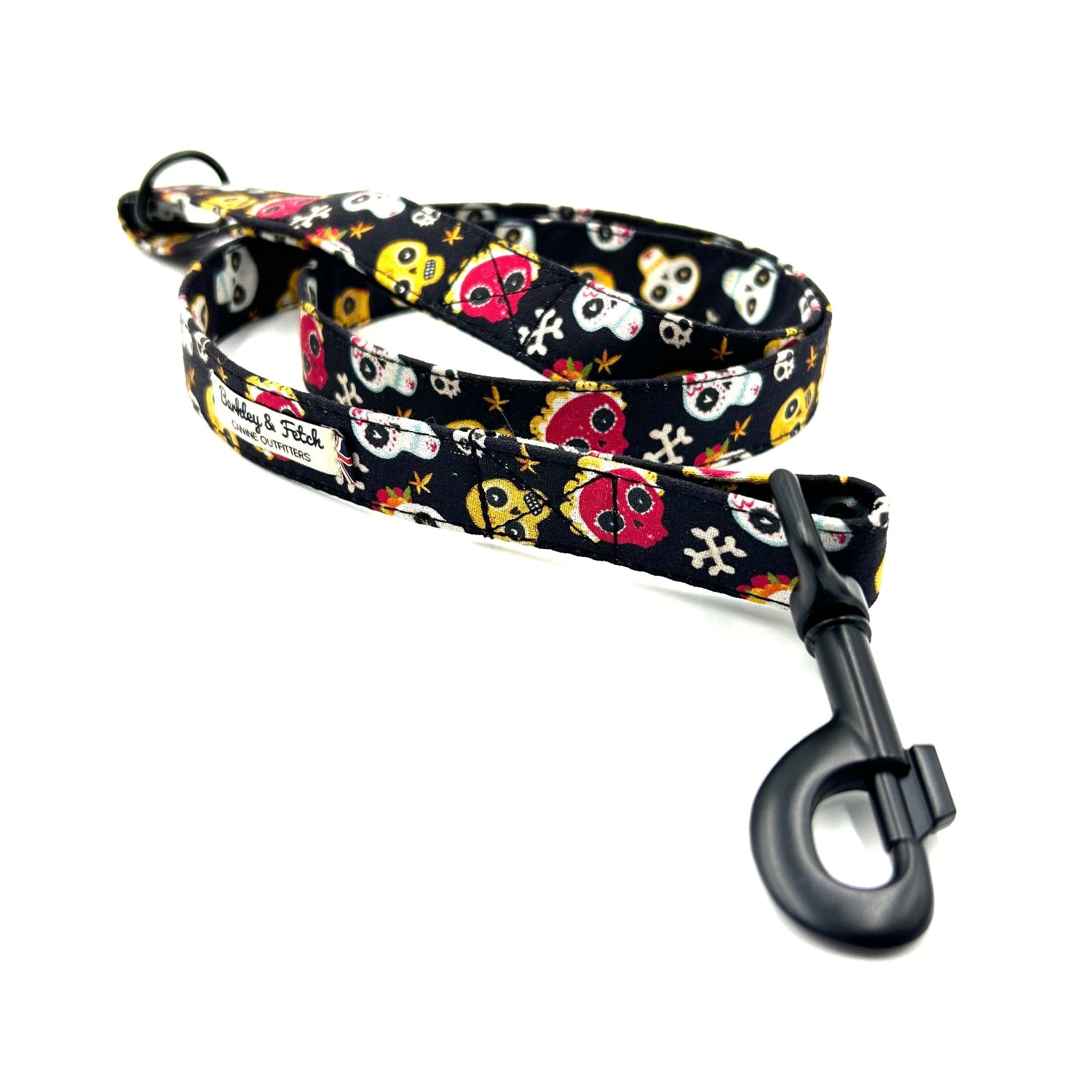Handmade black Day of the Dead colourful skull print dog lead