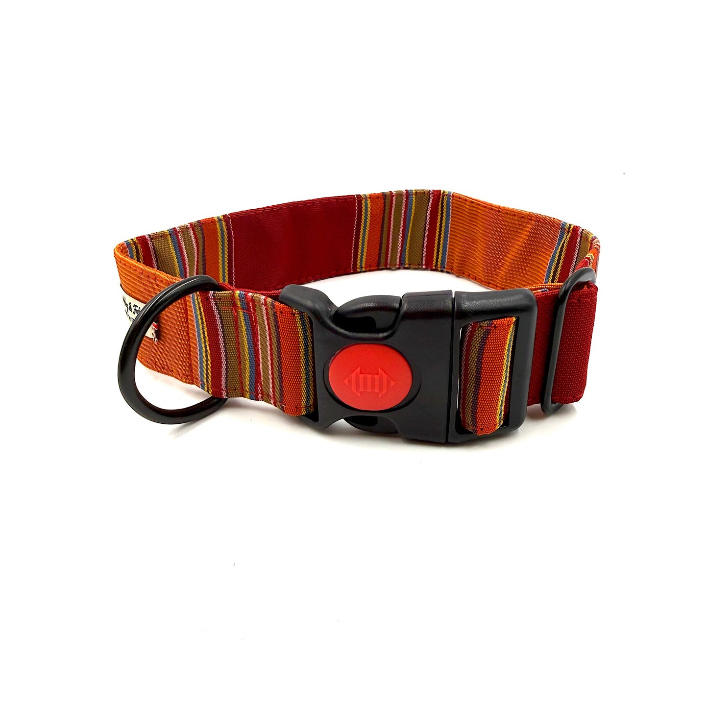 Dog collar with striped pattern and red buckle on a white background handmade in Uk by Barkley and Fetch
