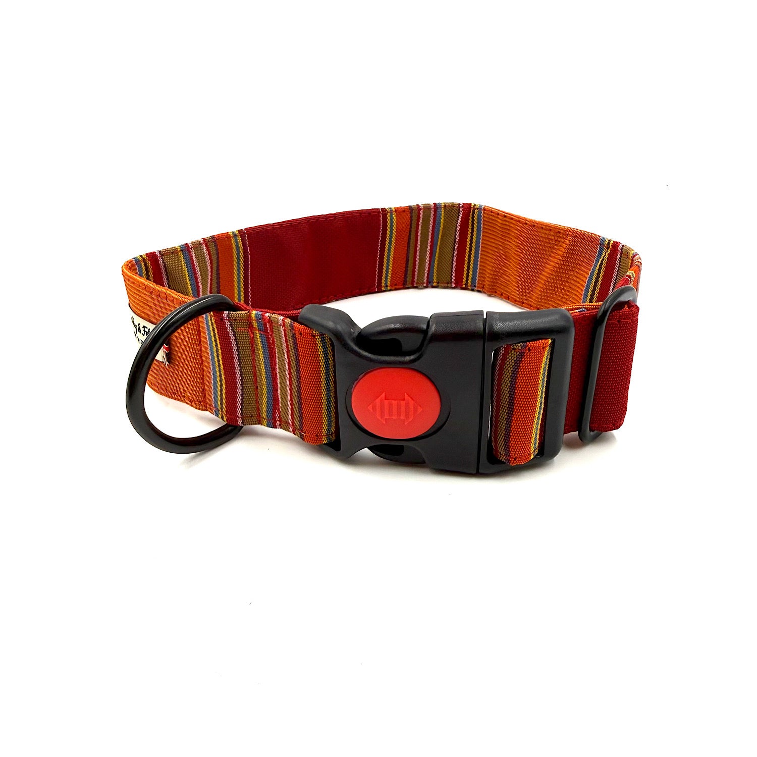 Dog collar with striped pattern and red buckle on a white background handmade in Uk by Barkley and Fetch