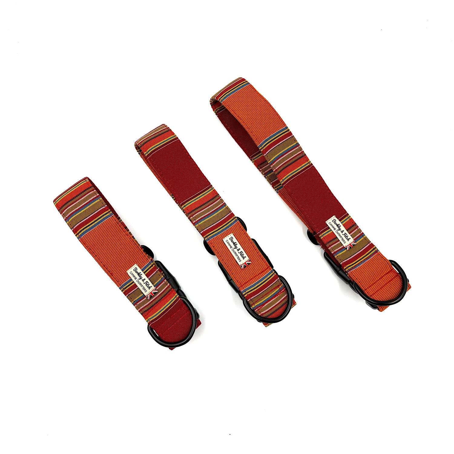 Three striped dog collars on a white background handmade in Uk by Barkley and Fetch