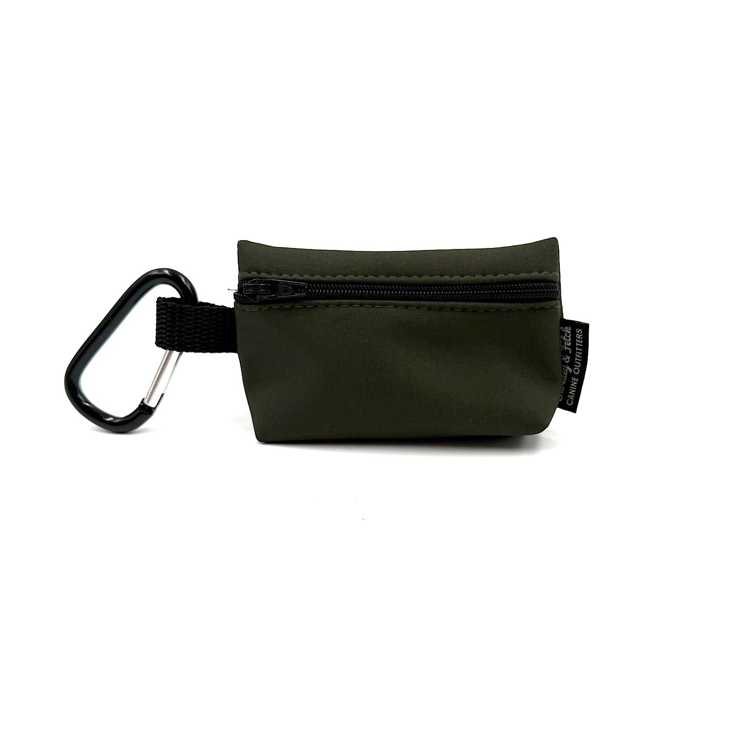 Green pouch with a carabiner on a white background handmade by barkley and fetch