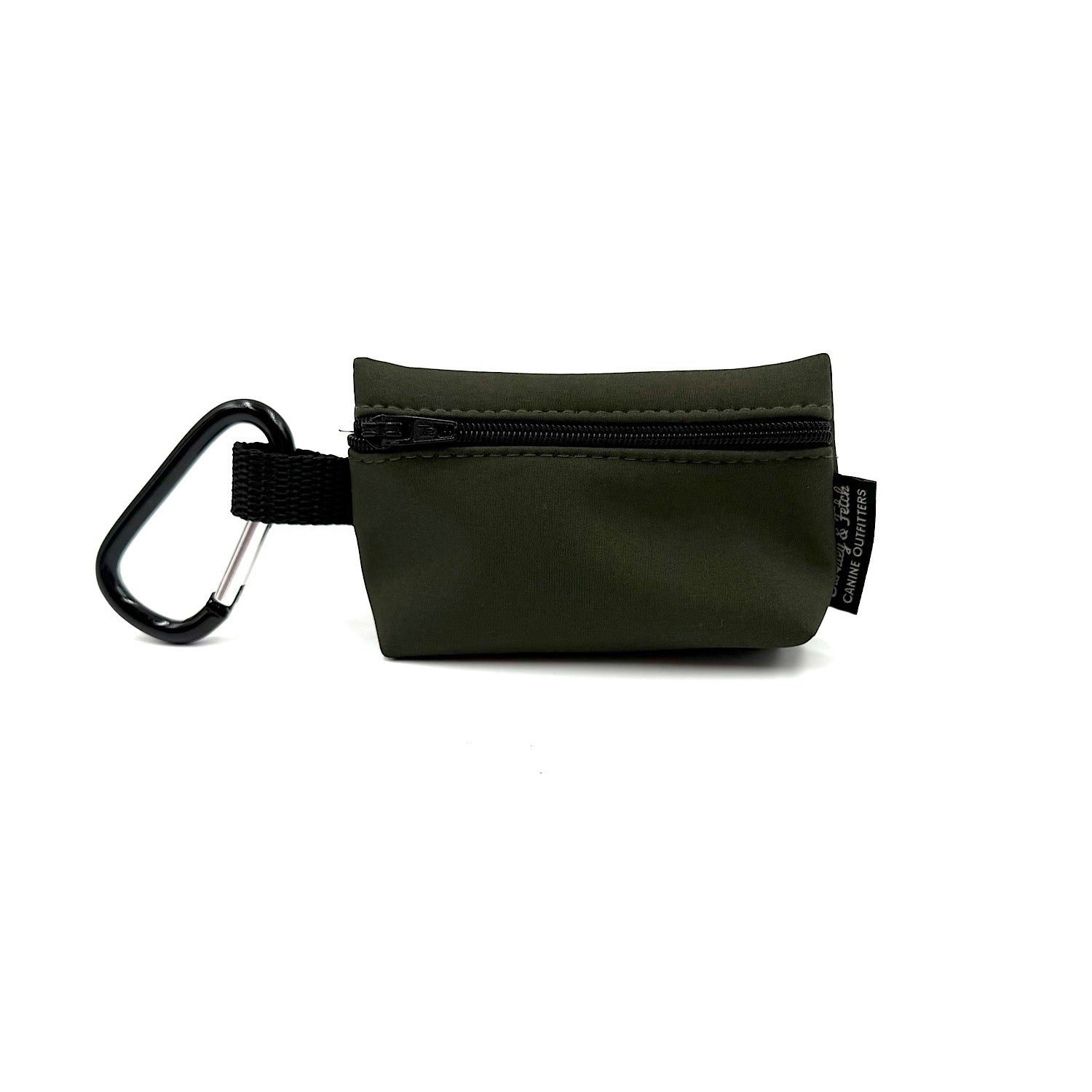 Green pouch with a carabiner on a white background handmade by barkley and fetch