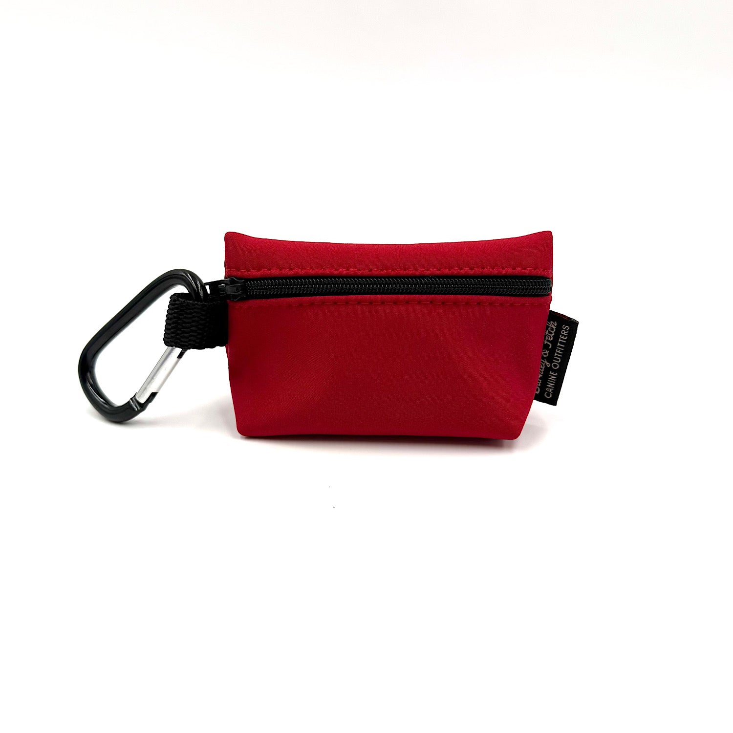 Red pouch with a black zipper and carabiner on a white background handmade in UK by Barkley and Fetch