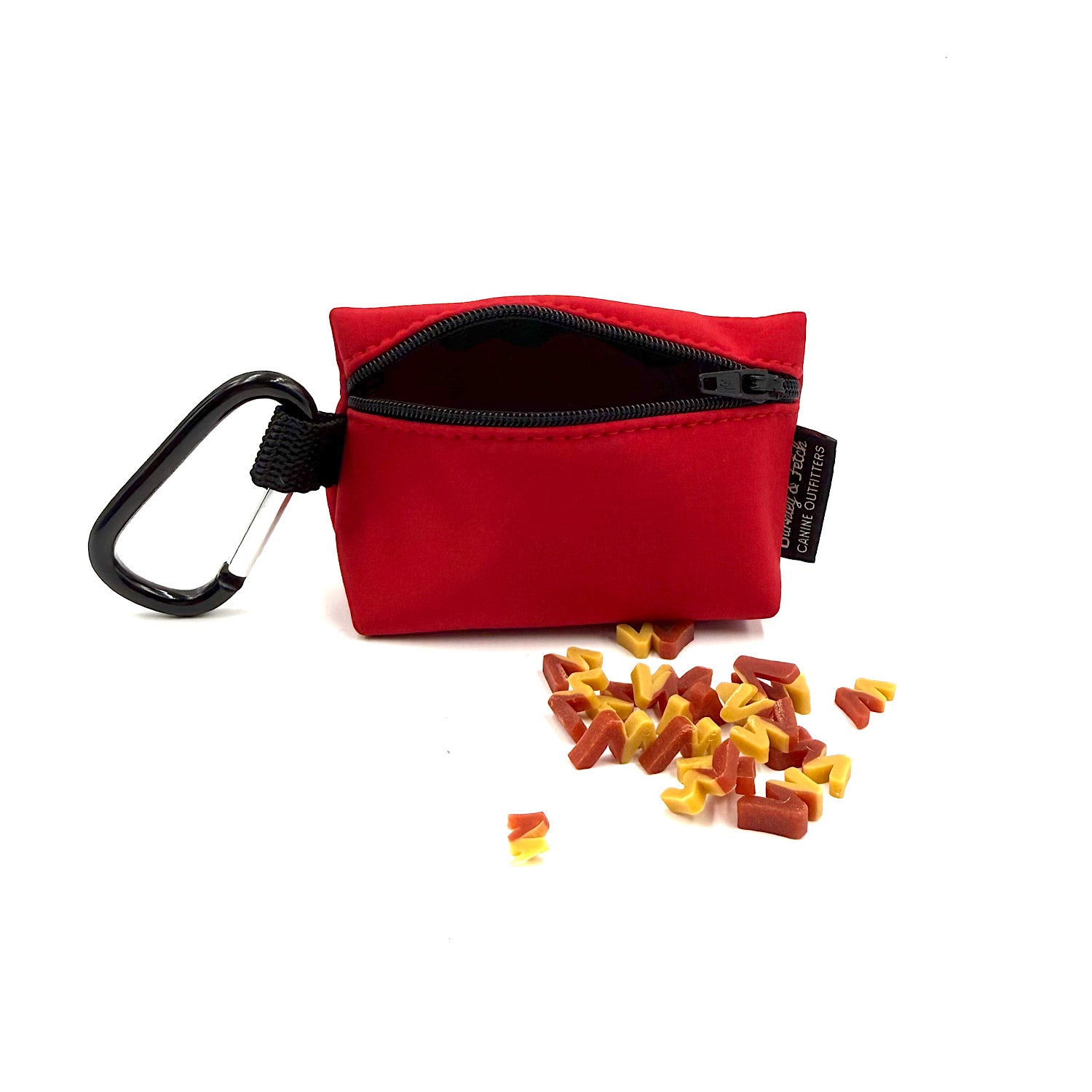 Red pouch with a carabiner and snacks on a white background handmade by Barkley and Fetch UK