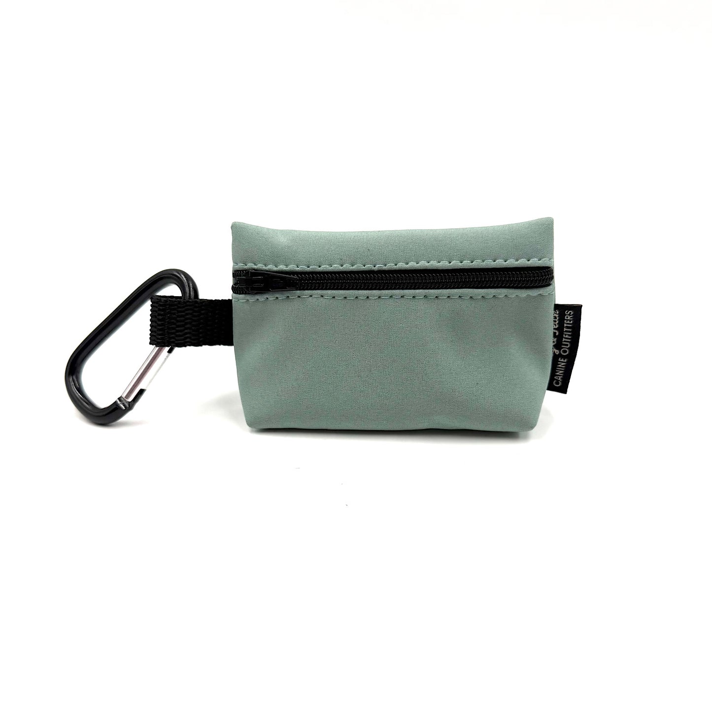 Small green pouch with a carabiner on a white background handmade by Barkley and Fetch