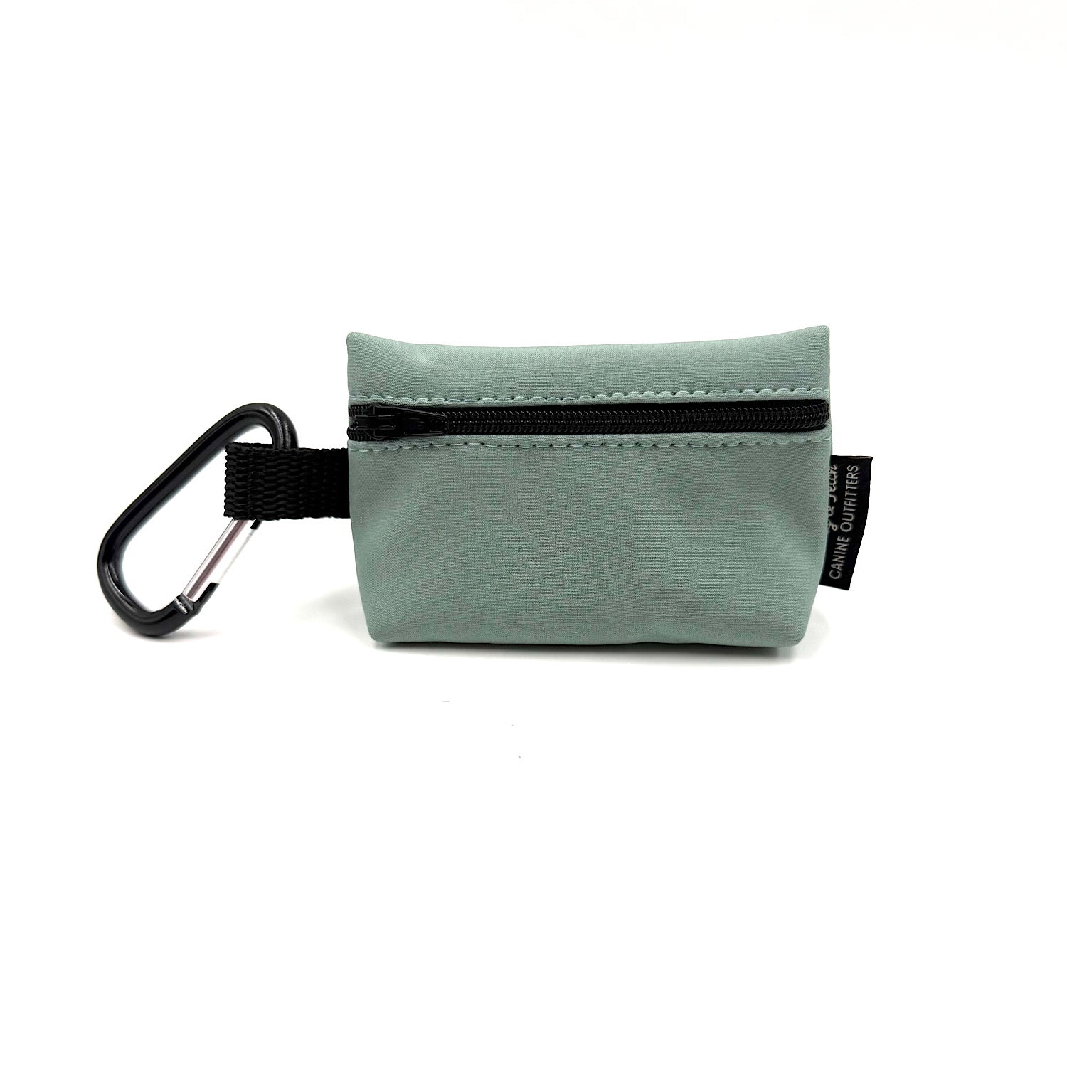 Small green pouch with a carabiner on a white background handmade by Barkley and Fetch