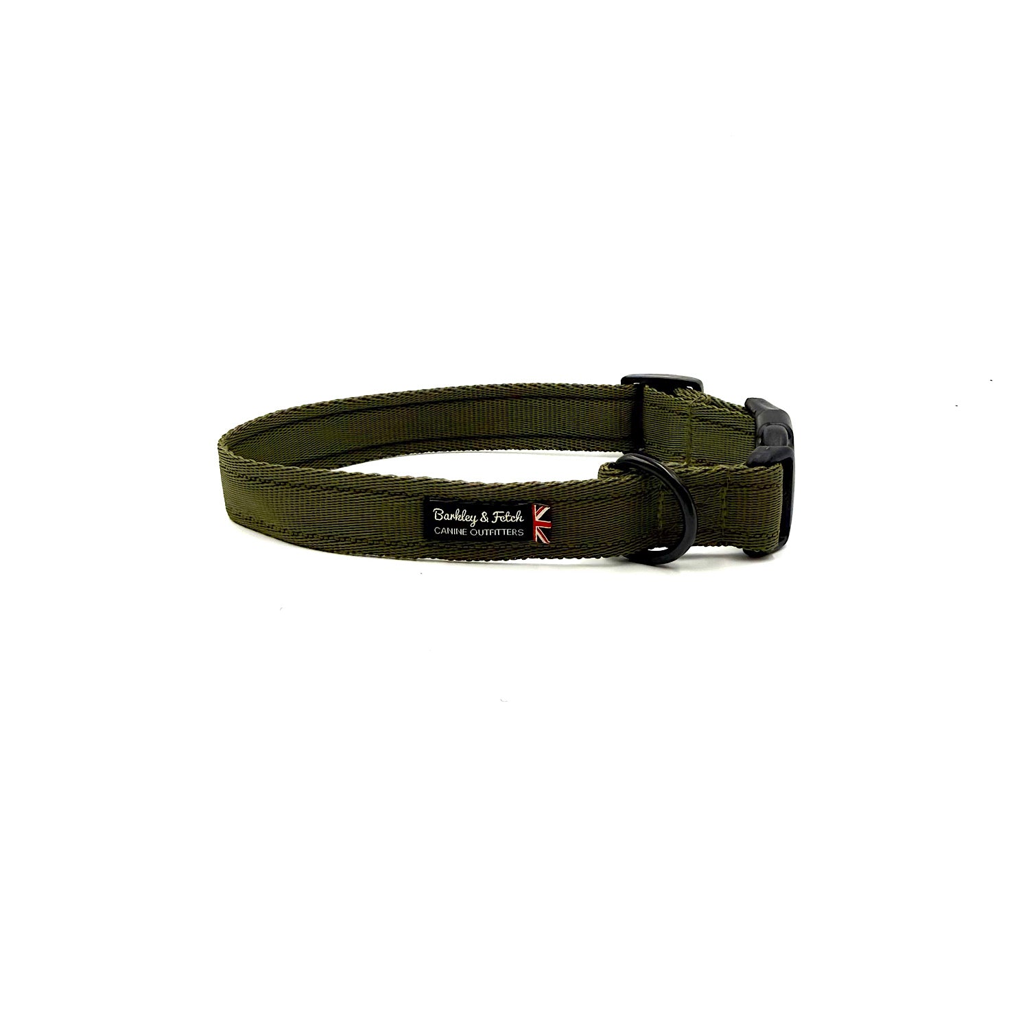 Green dog collar with a brand logo on a white background