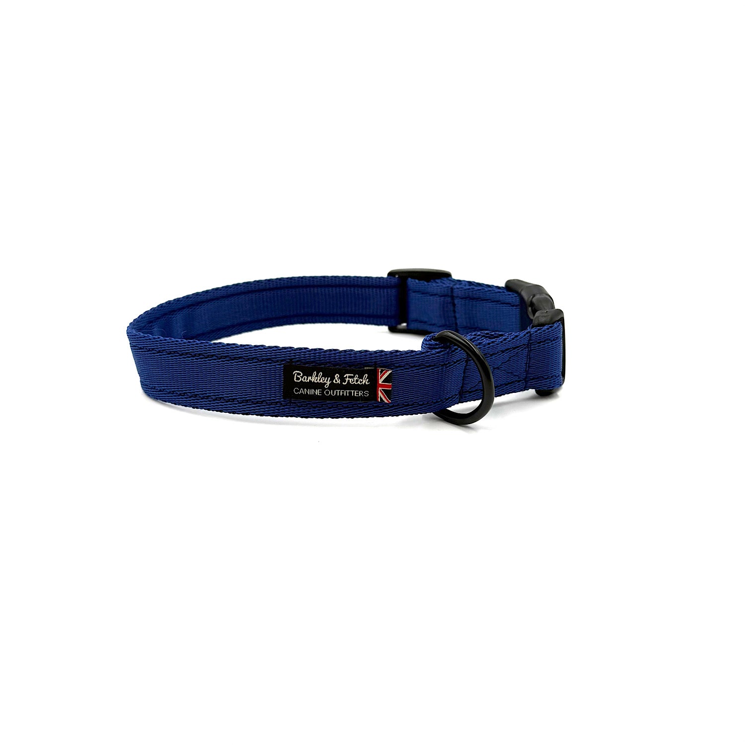 Blue dog collar with a visible brand label on a white background