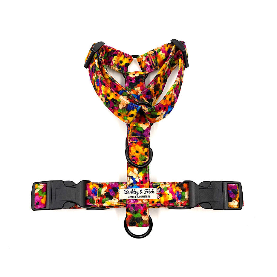 Colorful floral-patterned dog harness on a white background handmade by Barkley And Fetch UK