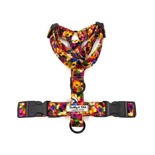 Colorful floral-patterned dog harness on a white background handmade by Barkley And Fetch UK