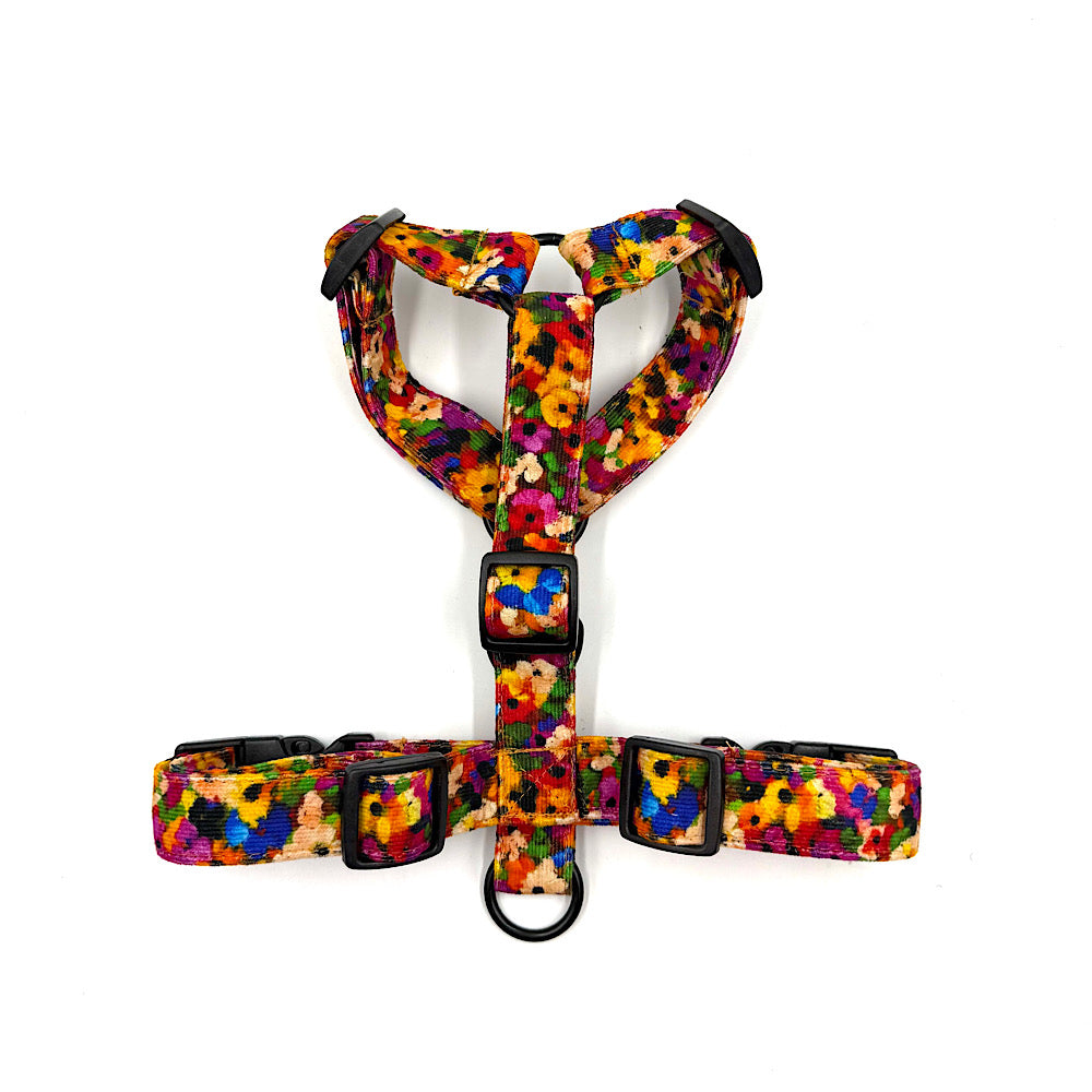 Colorful floral-patterned dog harness on a white background