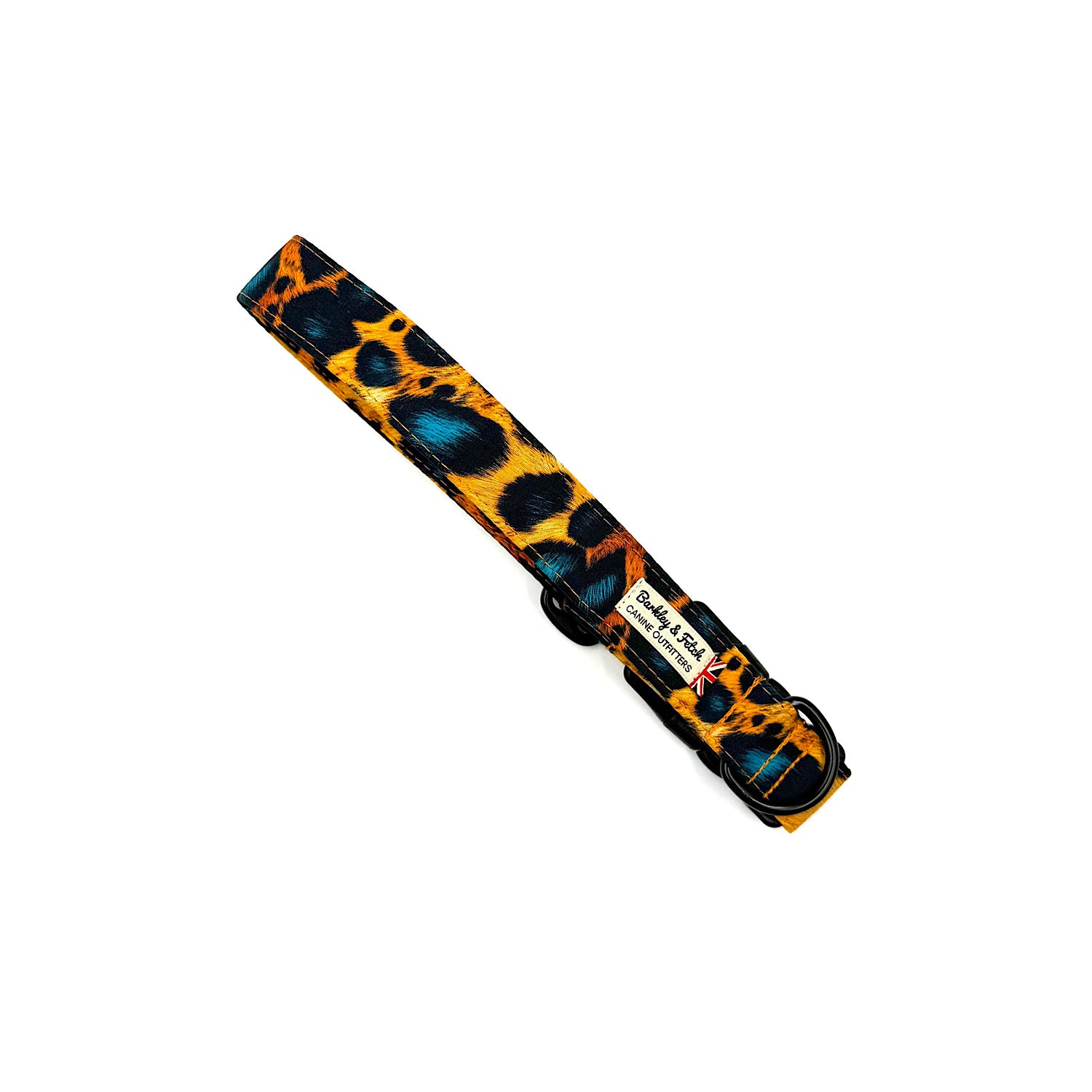 Leopard print dog collar with a brand label on a white background. Handmade in UK by Barkley and Fetch