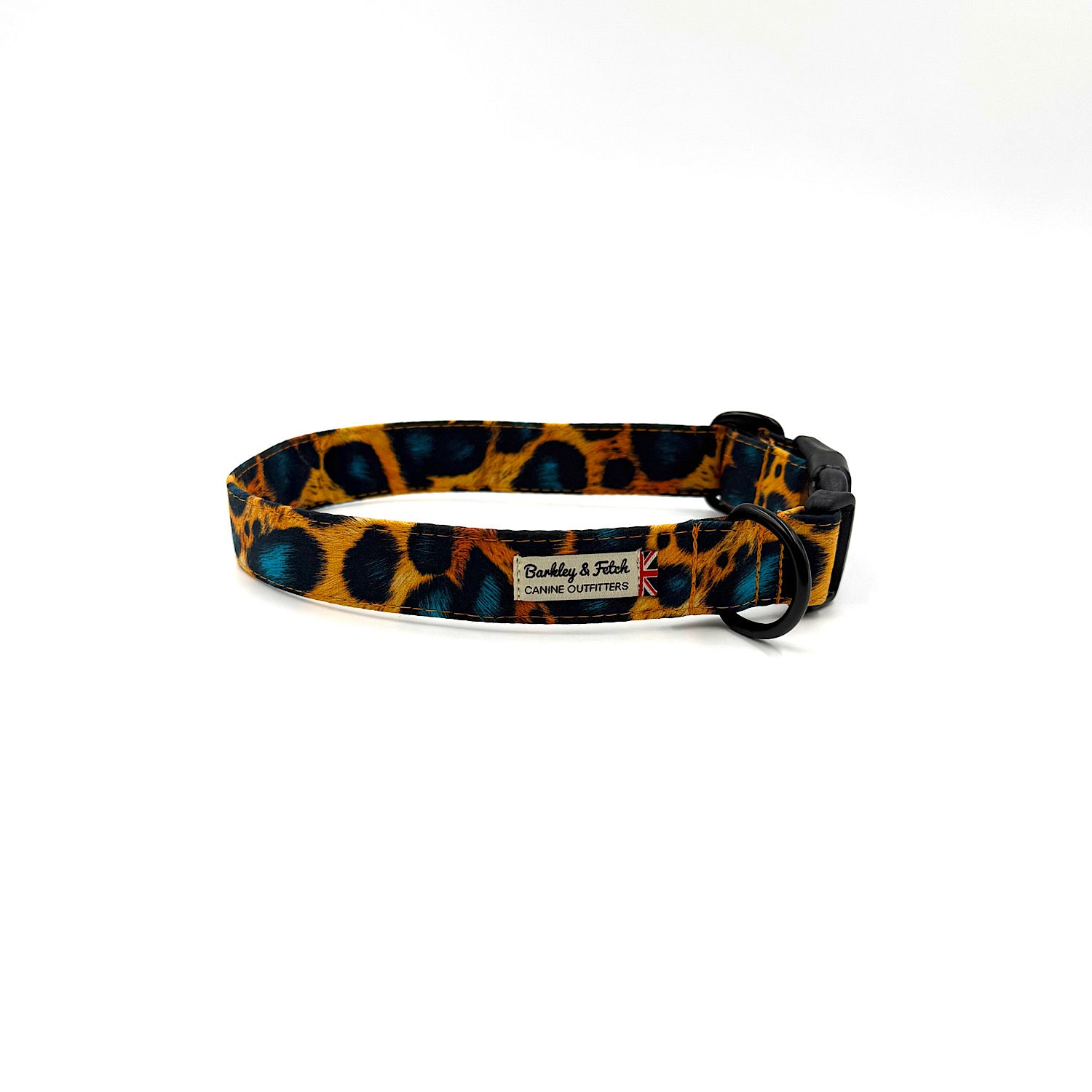 Leopard print dog collar with a visible brand label on a white background. Handmade in UK by Barkley and Fetch