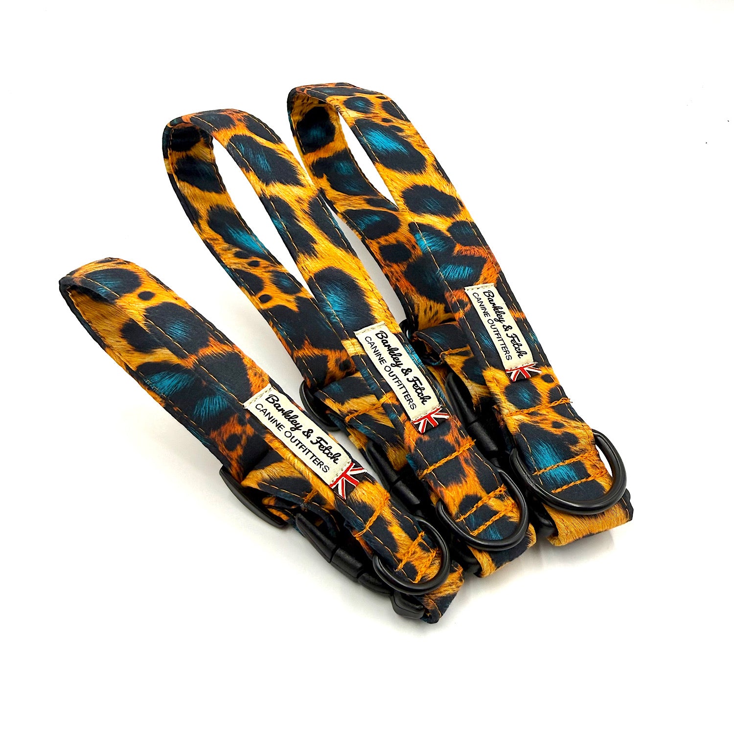 Leopard print dog leashes with a brand label on a white background. Handmade in UK by Barkley and Fetch