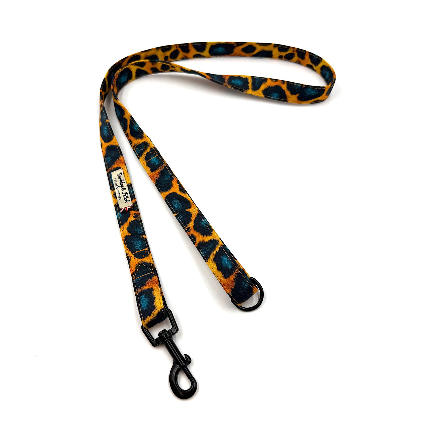 Leopard print dog leash with a black clip on a white background. Handmade in UK by Barkley and Fetch